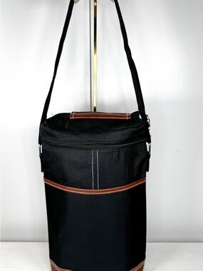 NWOT Insulated Wine Bottle Cooler Bag Black Brown Trim Adjustable Strap Travel